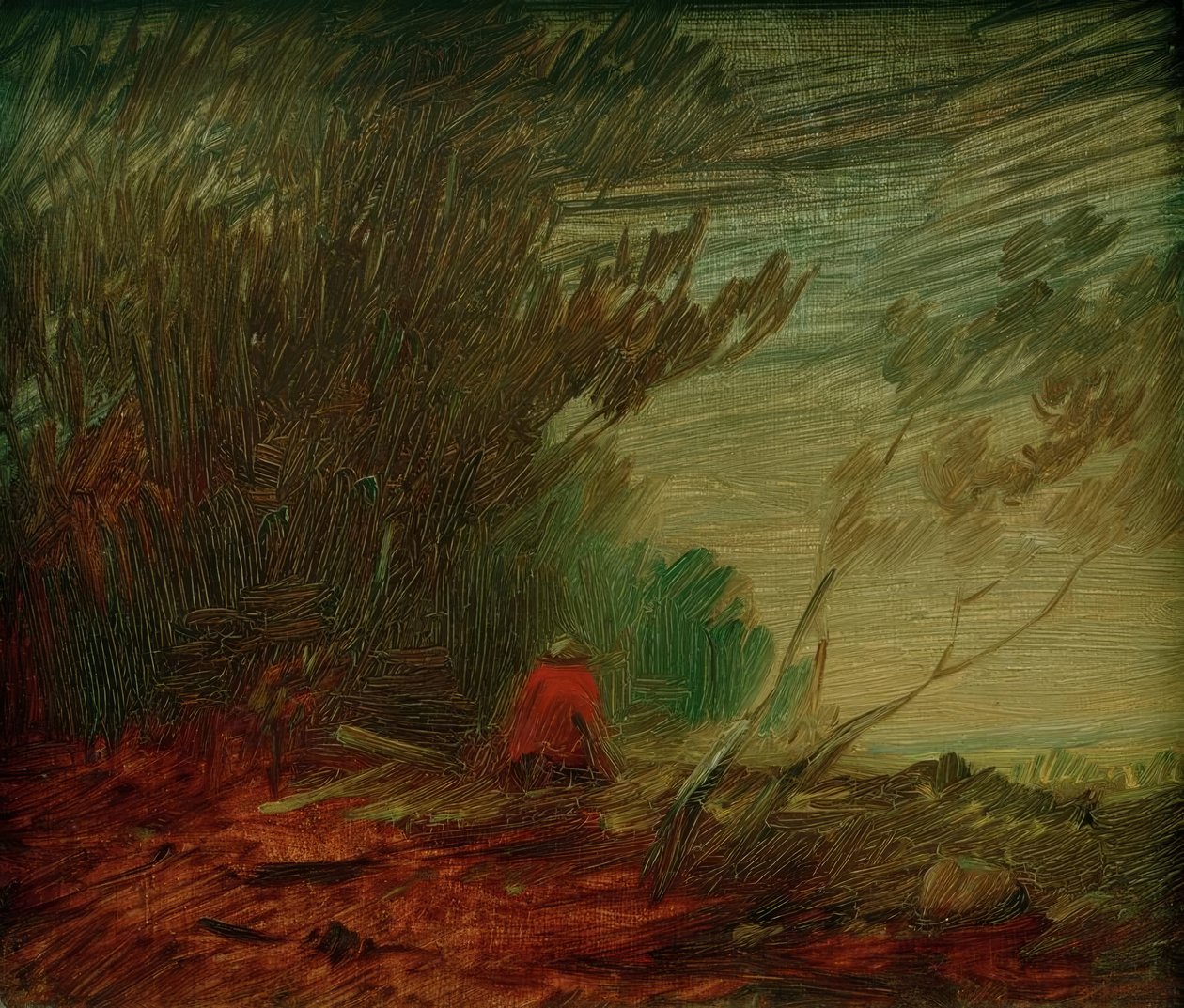 Efterårskant af skov med siddende rød jakke af Wilhelm Busch