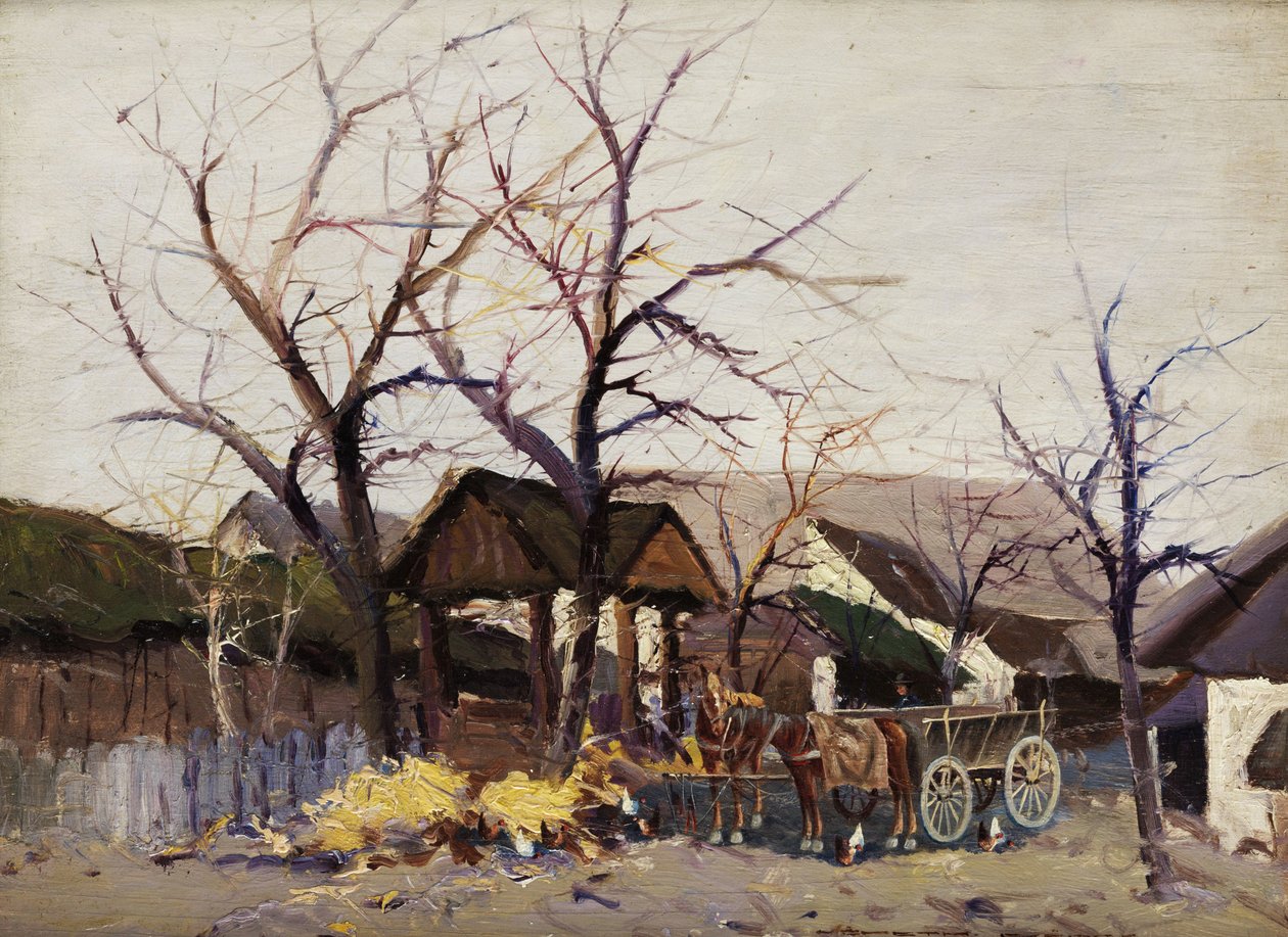 Hestevogne i en landbrugsby under bar træ af Wilhelm Sprenger
