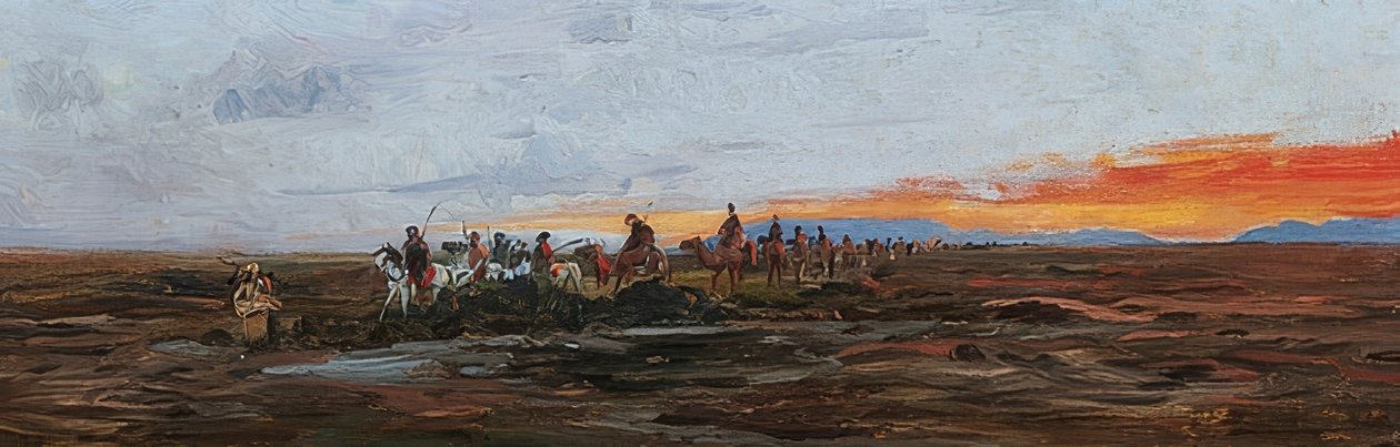 Campingvogn i aftenlys ved vandhullet af Wilhelm Kuhnert