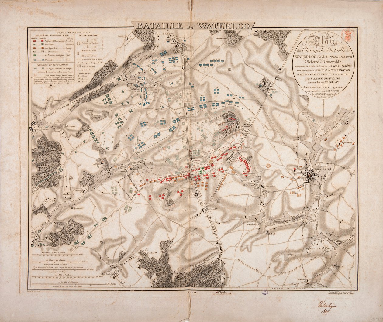 Battle of Waterloo, kort over slagmarken, indgraveret af Jacowick, 1816 af Willem Benjamin Craan