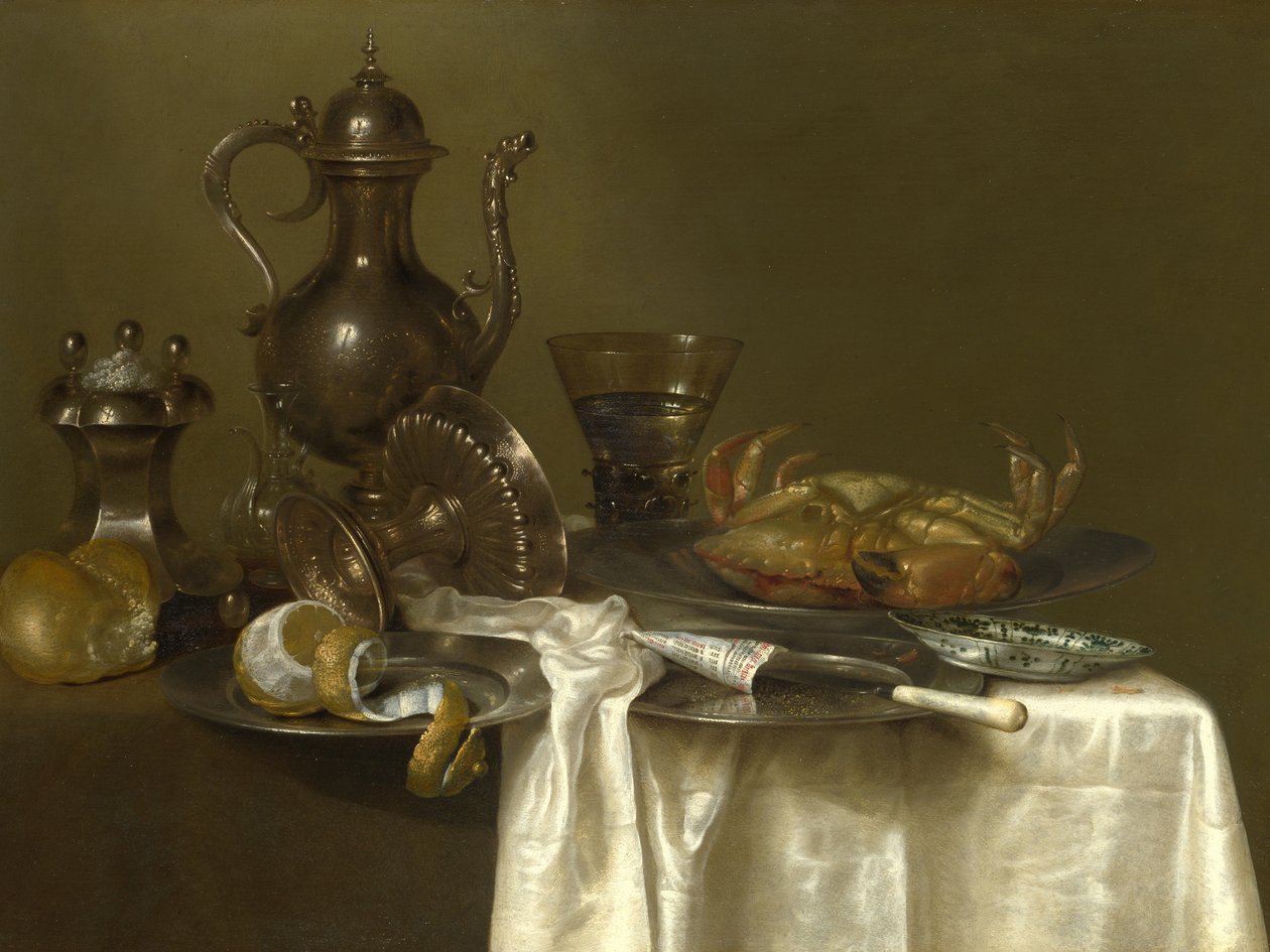 Stilleben: Tin- og sølvkar og en krabbe, ca. 1633-37 af Willem Claesz. Heda