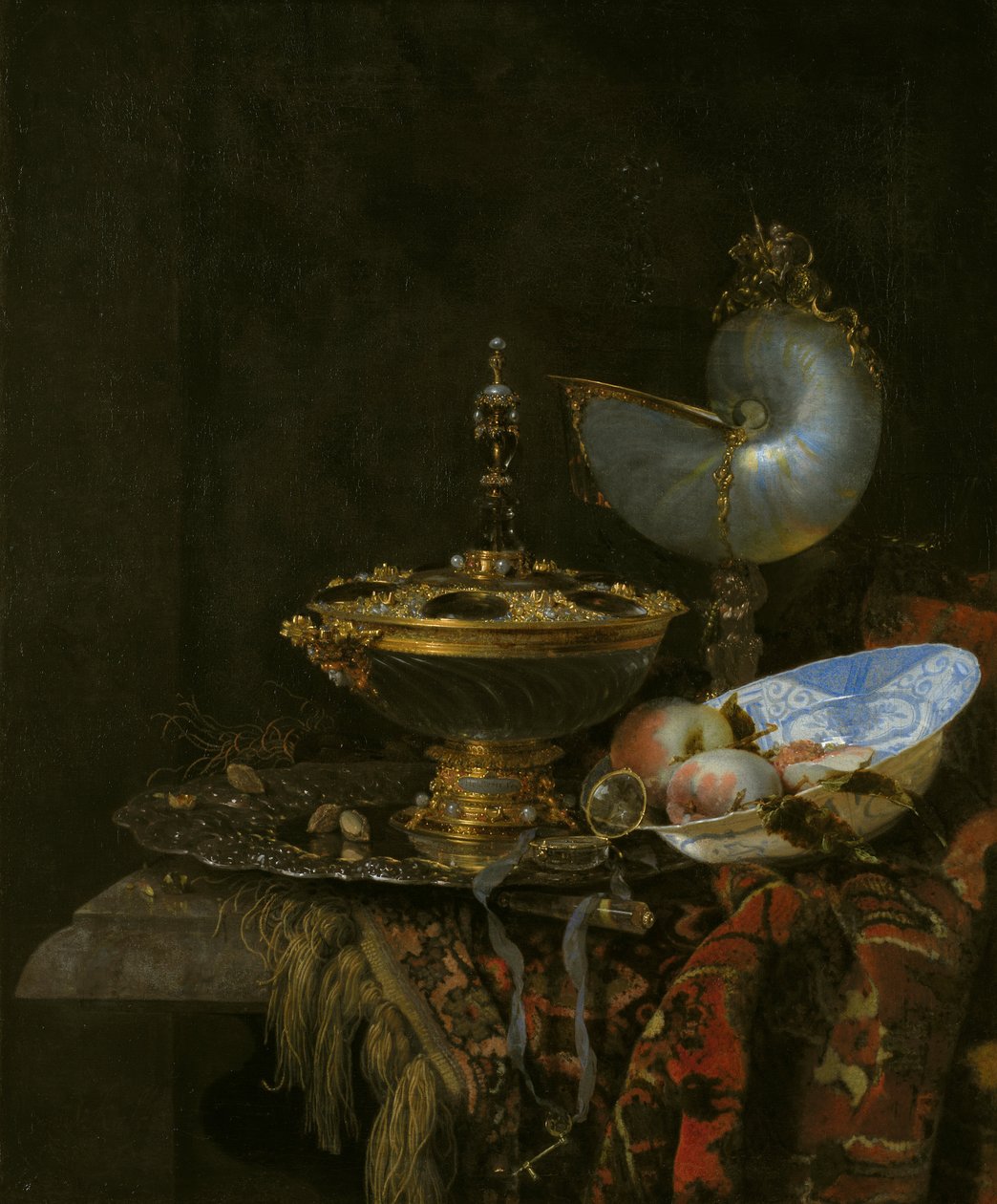Pronk Stilleben med Holbein -skål, Nautilus -kop, glaskop og frugtfad af Willem Kalf