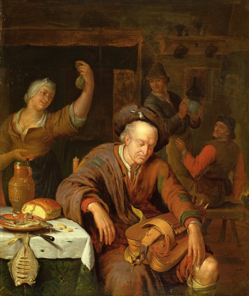 Hurdy Gurdy-spilleren sover i et værtshus af Willem Van Mieris