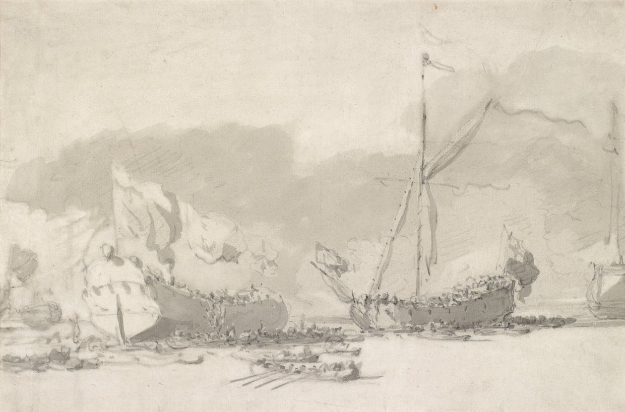 Lanceringen af et enkeltdæks krigsskib med en kongelig yacht til stede, slutningen af det 17.-begyndelsen af det 18. århundrede (sort kridt & grå vask på lagt papir) af Willem van de Velde