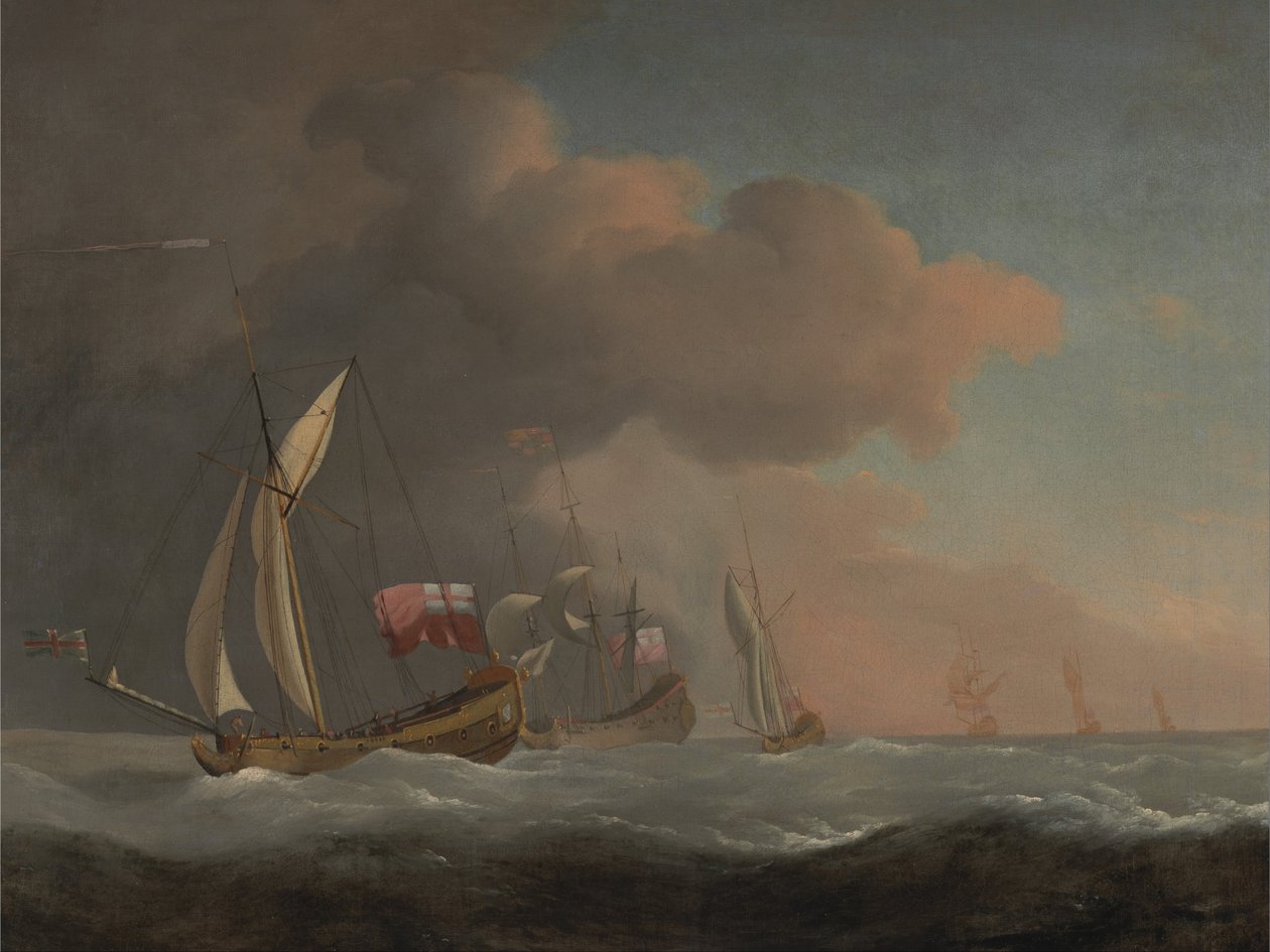 Engelske Royal Yachts til søs i en stærk brise, i selskab med et skib, der flyver Royal Standard af Willem van de Velde the Younger