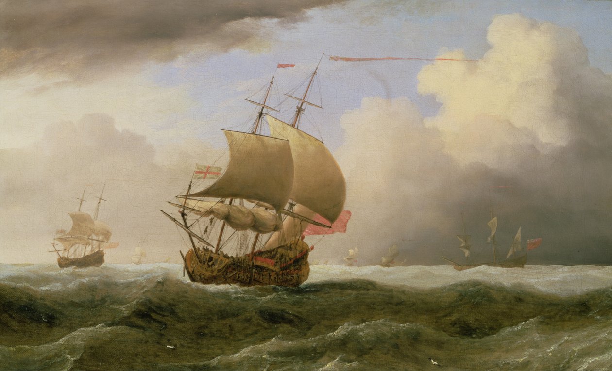 Et engelsk skib tætsejlet i en stærk brise (olie) af Willem van de Velde the Younger