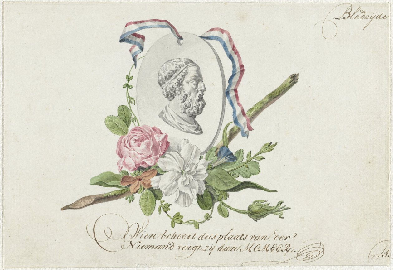Vignette med blomster, portrætmedaljon og bånd af Willem Bilderdijk