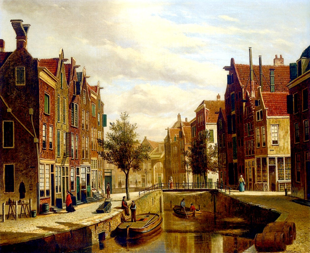 En hollandsk kanal (olie på lærred) af Willem Koekkoek