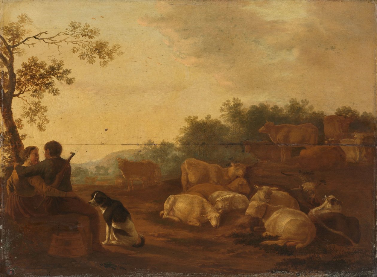 Landskab med hyrde, hyrde og kvæg af Willem Ossenbeeck