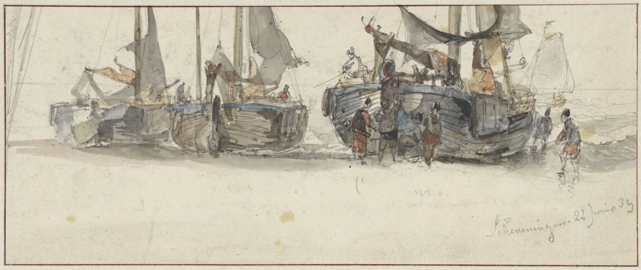 Fiskerbåde på stranden i Scheveningen af Willem Roelofs (I)