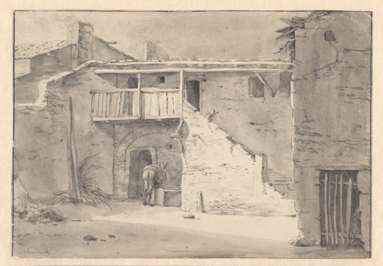 Hus med et æsel ved et drikketrug af Willem Schellinks