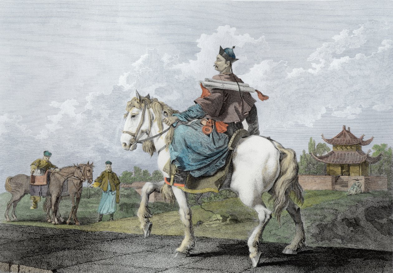 En quan eller mandarin med et brev fra kejseren af Kina, indgraveret af Wilson, pub. af G. Nicol, 1796 (senere farvelægning) af William Alexander