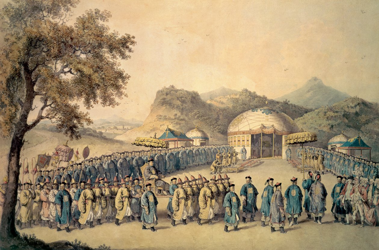 Kejseren af Kina nærmede sig sit telt i Tartary for at modtage den britiske ambassadør, George, 1. Earl Macartney (1737-1806), 1793 af William Alexander