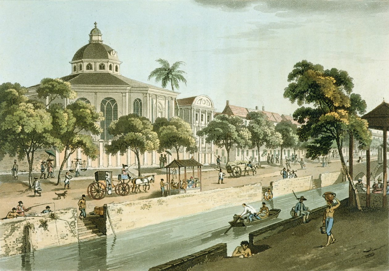 Den calvinistiske kirke i Batavia, planche 9 fra "A Voyage to Cochinchina" af John Barrow (1764-1848), graveret af Thomas Medland (1755-1823) 1806 (akvaratint) af William Alexander