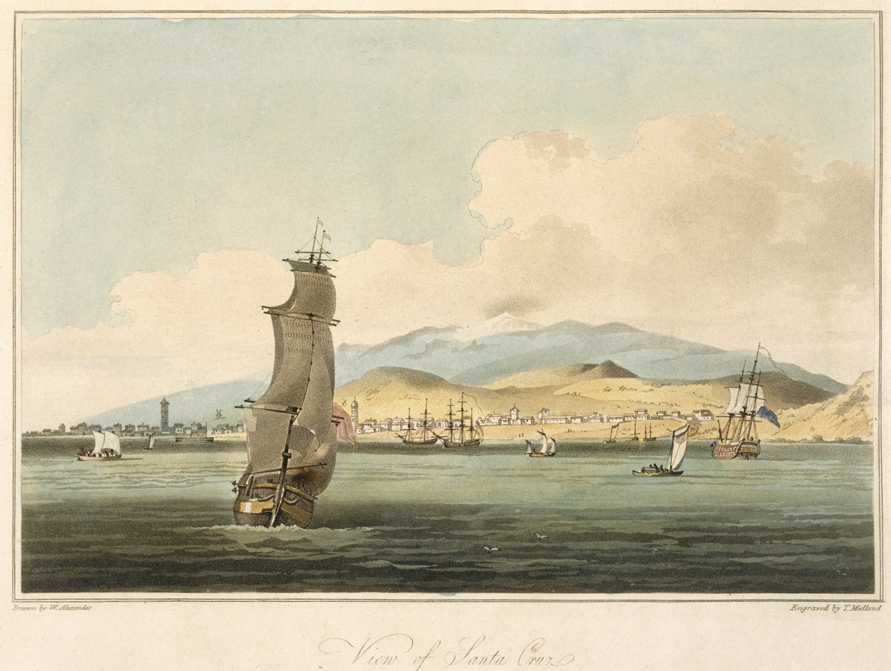 Udsigt over Santa Cruz, planche 3 fra "A Voyage to Cochinchina" af John Barrow (1764-1848), graveret af Thomas Medland (1755-1823) 1806 (akvatint) af William Alexander