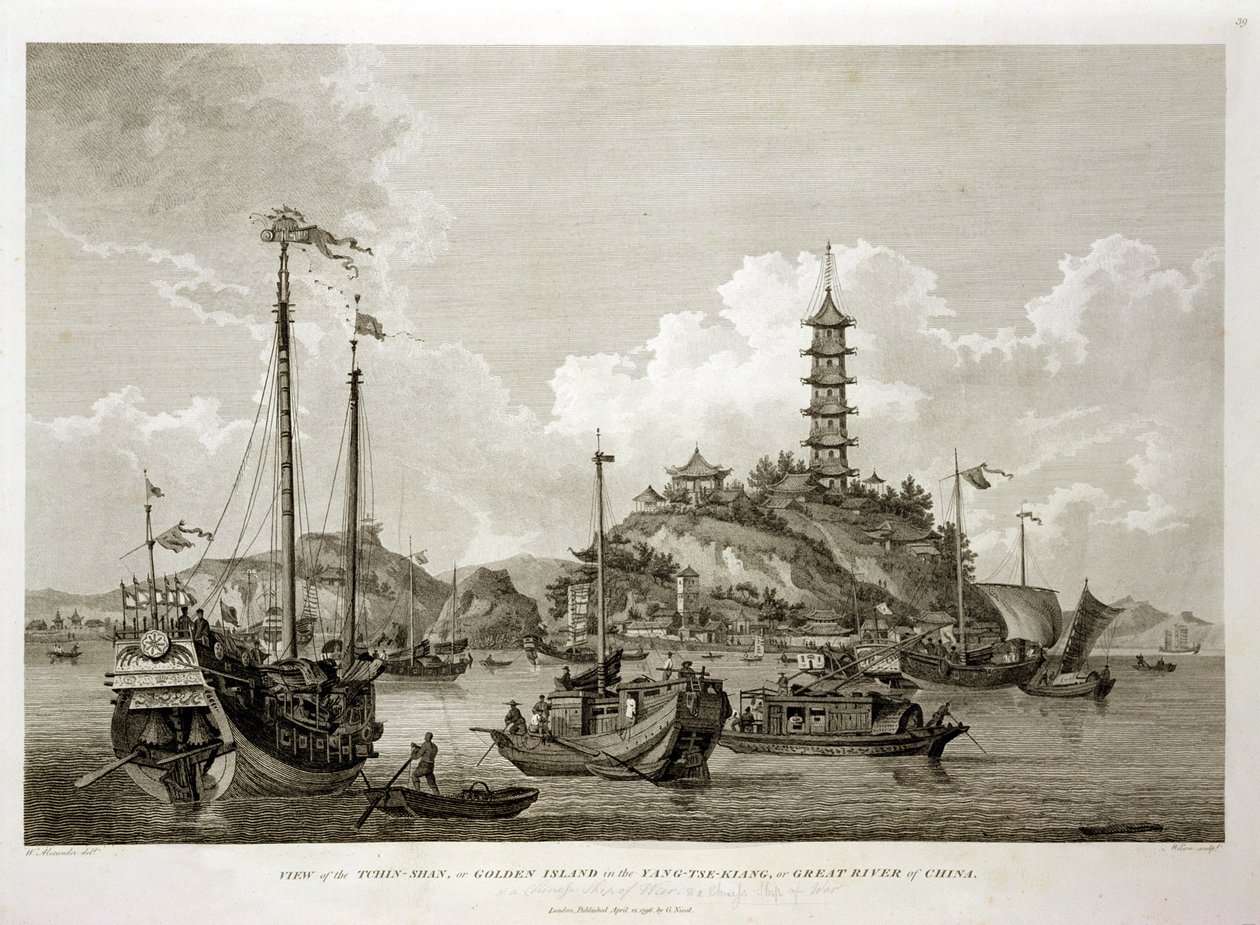 Udsigt over Tchin Shan, eller Golden Island, i Yang-tse Kiang, eller Great River of China, indgraveret af Wilson, pub. af G. Nicol, 1796 af William Alexander