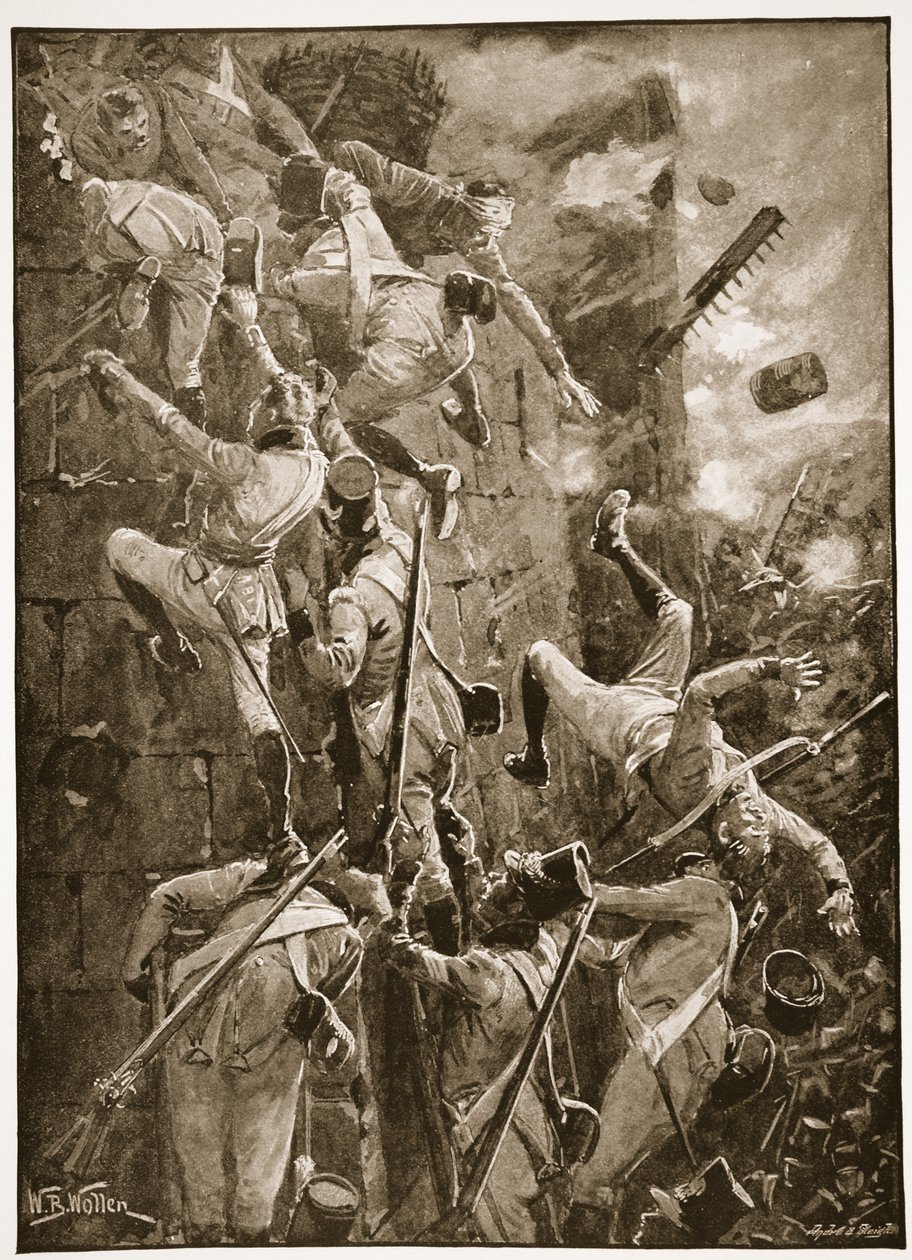 Den 5. division stormer ved eskalade San Vincentes volde, illustration fra "Battles of the Nineteenth Century" af Archibald Forbes, G.A. Henty og major Arthur Griffiths af William Barnes Wollen