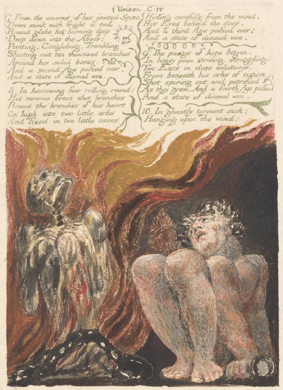 7. Fra hulerne i hans leddede rygsøjle..., plade 14 fra The First Book of Urizen, 1794 (farvetrykt relief ætsning med blæk og wc på papir) af William Blake
