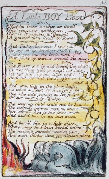 A Little Boy Lost, plade 46 (Bentley 50) fra Songs of Innocence and of Experience (Bentley Copy L) 1789-94 (hævet radering med pen og wc) af William Blake