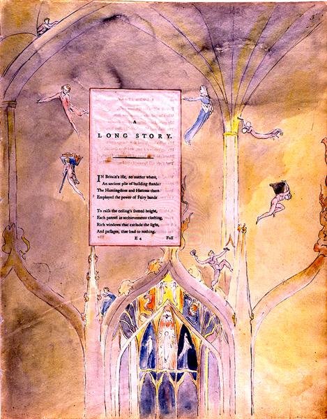 En lang historie, en ældgammel bunke bygning, der udnyttede fehændernes kraft, fra The Poems of Thomas Gray, 1797-98 (wc og sort blæk på papir) af William Blake