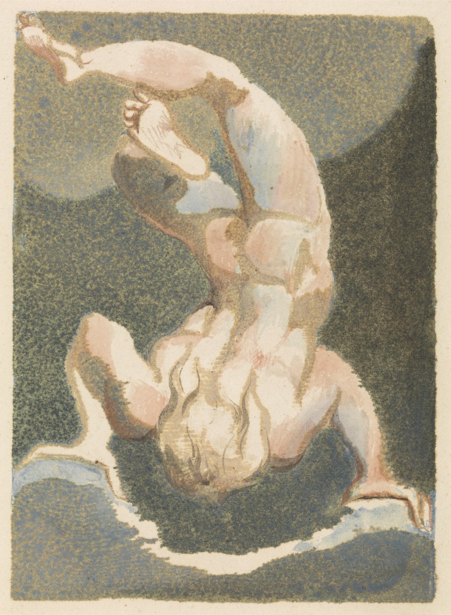 En muskuløs, nøgen mand, der ser ud til at have svævet ned for at hvile på sine hænder, hovedet nedad, på sten og skyer, plade 15 fra The First Book of Urizen, 1794 (farvetrykt relief ætsning med blæk en af William Blake