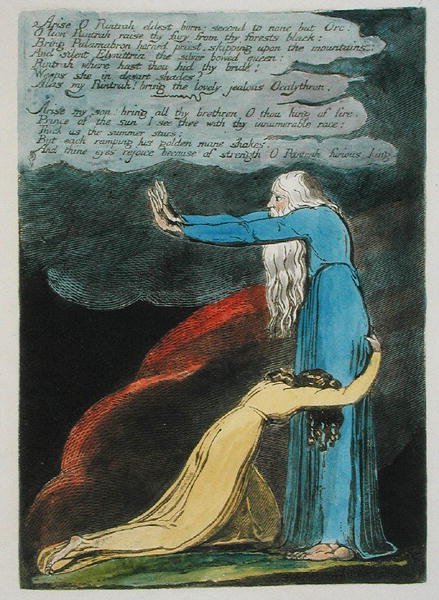 Arise O Rintrah... tallerken 9 fra Europa. A Prophecy, 1794 (reliefætsning trykt i mørkebrun med wc og olie på papir) af William Blake