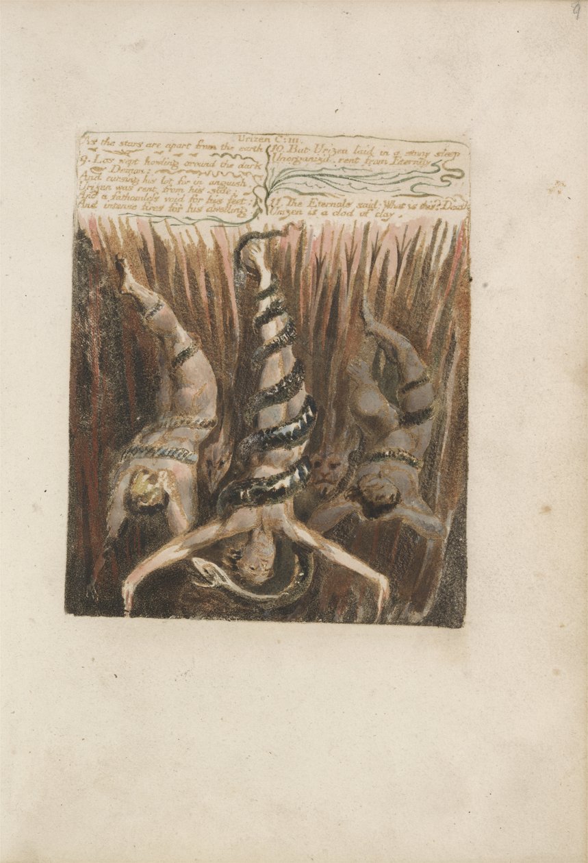 Da stjernerne er adskilt fra jorden..., plade 9 fra The First Book of Urizen, 1794 (farvetrykt relief ætsning med blæk og wc) af William Blake