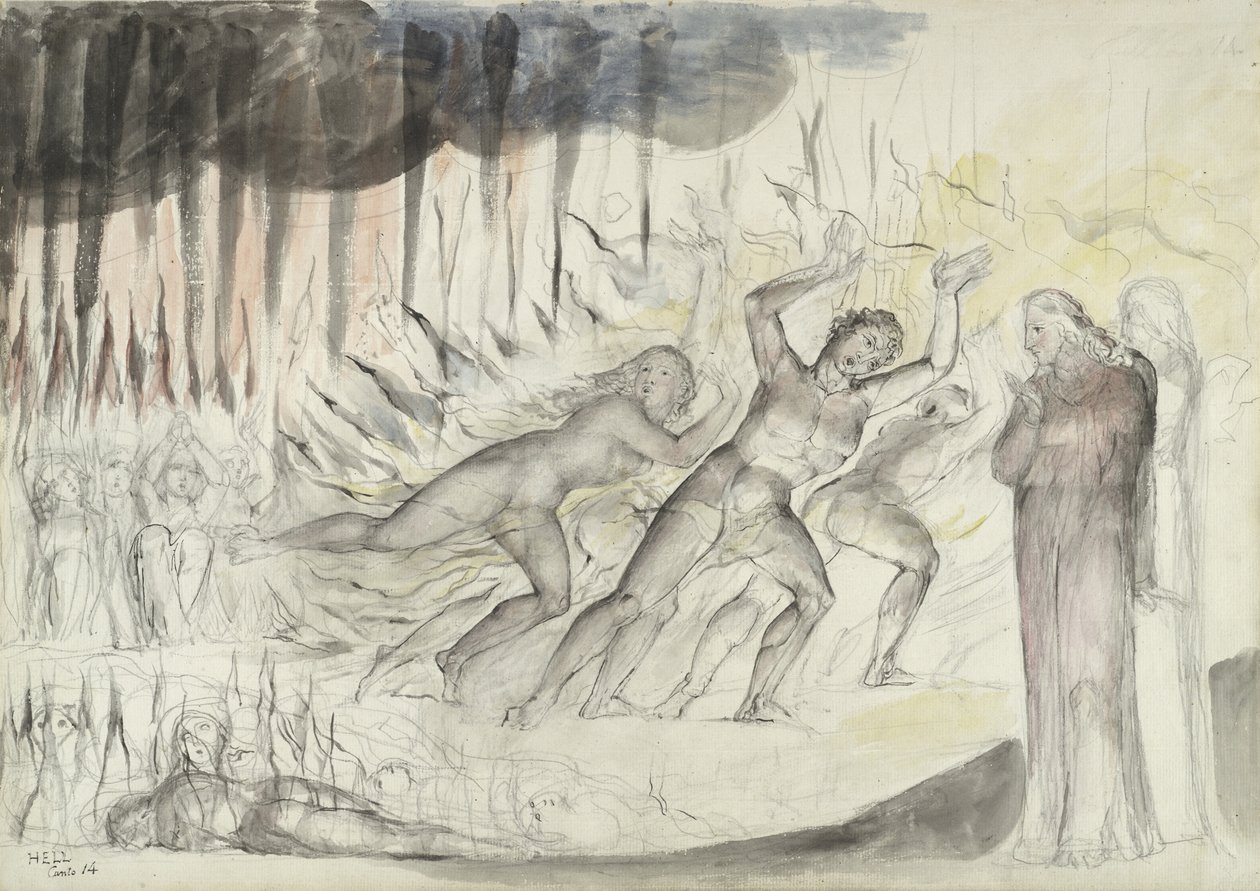Dante og Virgil blandt blasphemers, illustration til den guddommelige komedie af Dante Alighieri, 1824-27 (pen & blæk med wc over blyant og kridt på papir) af William Blake