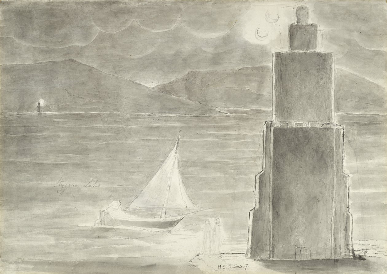 Dante and Virgil on the Edge of the Stygian Pool, illustration til den guddommelige komedie af Dante Alighieri, 1824-27 (pen & blæk med wc, vask og kridt på papir) af William Blake