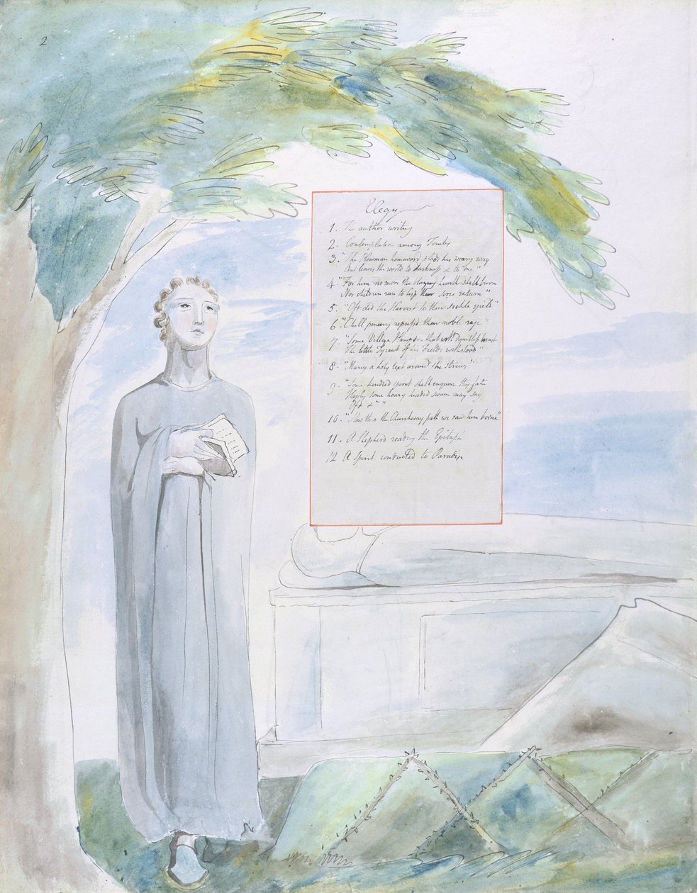 Elegi skrevet i en landlig kirkegård, design 106 fra The Poems of Thomas Gray, 1797-98 (wc med pen og blæk på papir) af William Blake