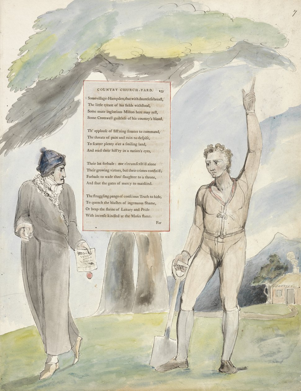 Elegi skrevet i en landlig kirkegård, design 111 fra The Poems of Thomas Gray, 1797-98 (wc med pen og blæk på papir) af William Blake