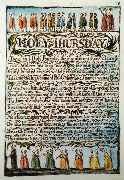 Helligtorsdag, plade 10 (Bentley 19) fra Songs of Innocence and of Experience (Bentley Copy L) 1789-94 (reliefradering med pen og wc) af William Blake