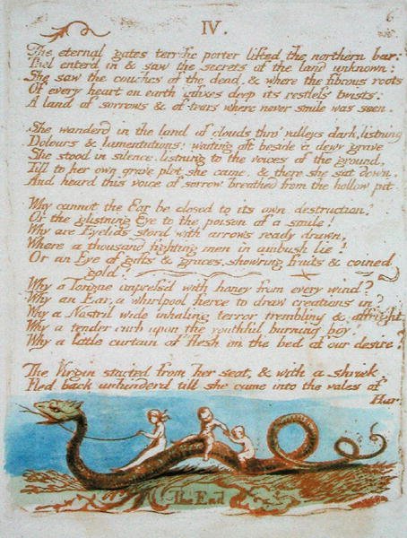 IV. De evige porte..., plade 8 fra The Book of Thel 1789 (reliefætsning trykt i brunt med wc på papir) af William Blake