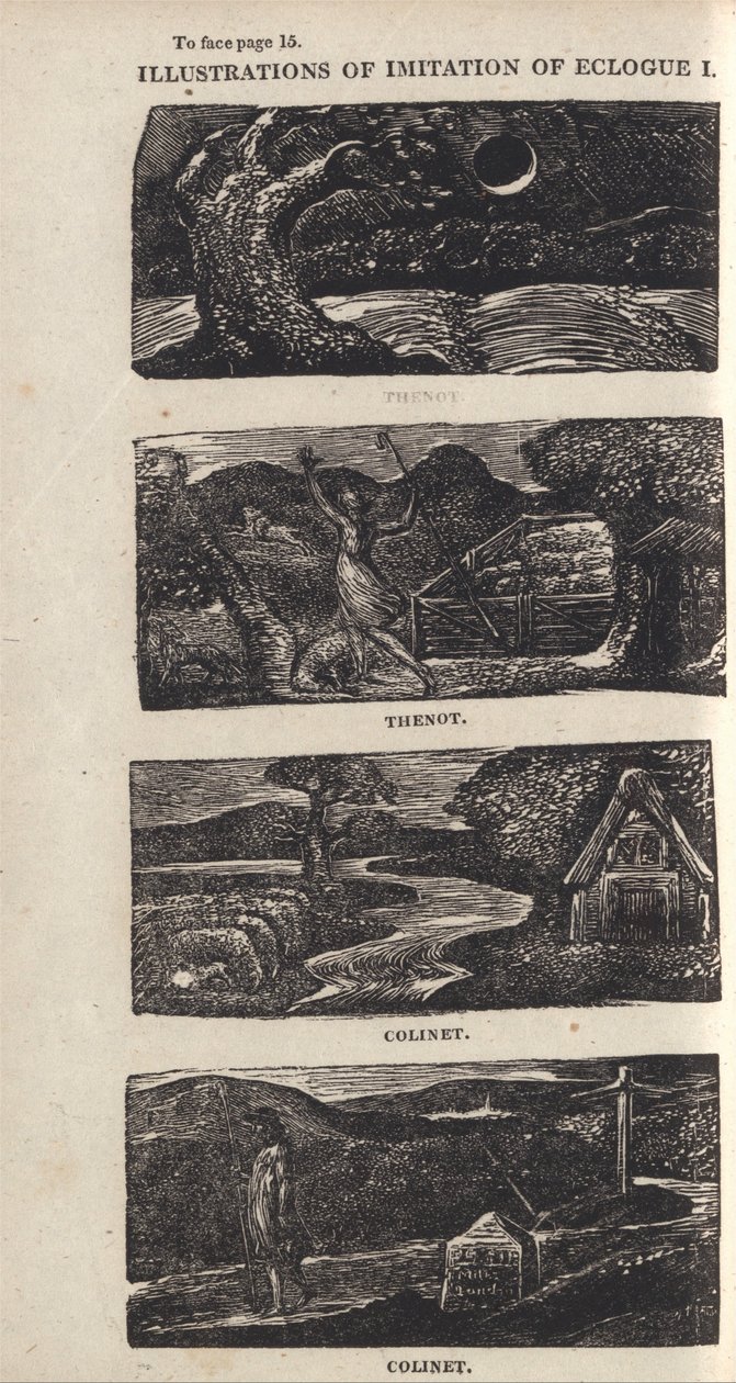 Illustrationer af efterligning af Eklogue I, side 15 af William Blake