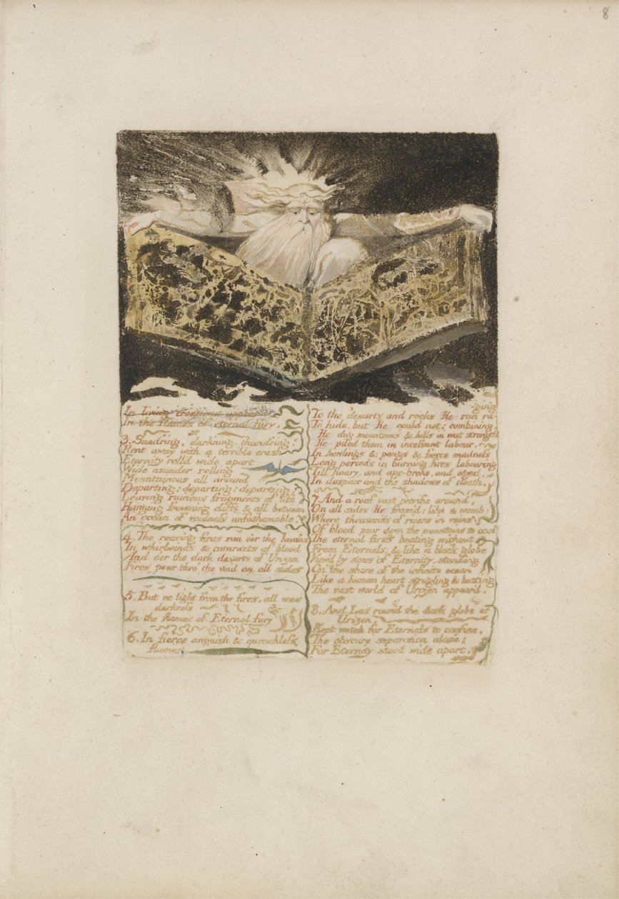 I levende skabninger dukkede op..., plade 8 fra The First Book of Urizen, 1794 (farvetrykt relief ætsning med blæk og wc) af William Blake