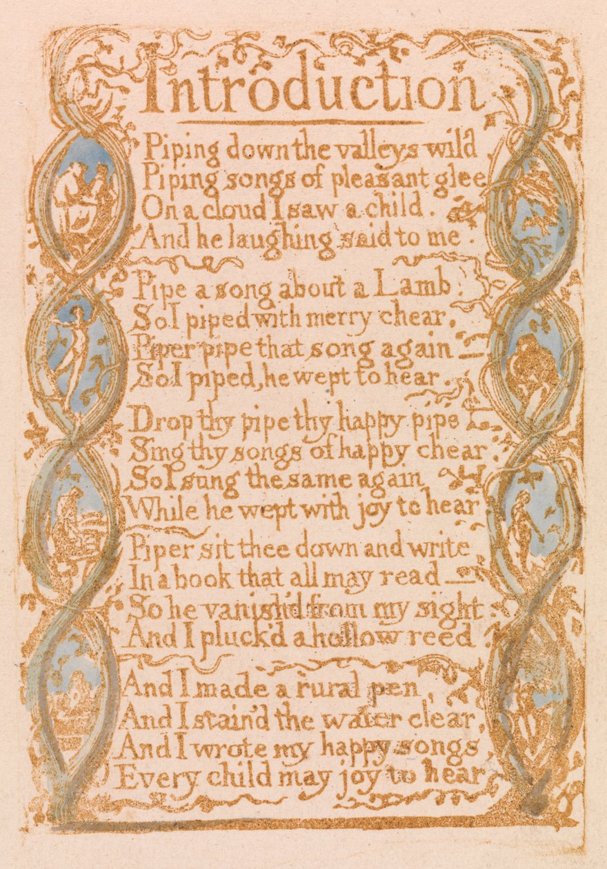 Indledning, plade 3 fra Songs of Innocence, 1789 (reliefradering med wc på papir) af William Blake