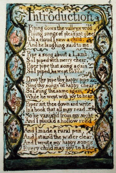 Introduktion, plade 4 (Bentley 4) fra Songs of Innocence and of Experience (Bentley Copy L) 1789-94 (reliefætsning med pen og wc) af William Blake
