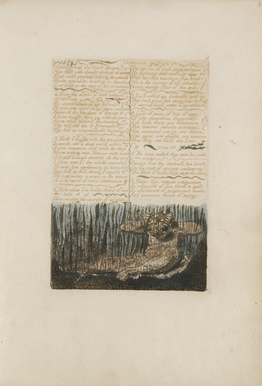 Muster omkring de dystre ørkener..., plade 6 fra The First Book of Urizen, 1794 (farvetrykt relief ætsning med blæk og wc) af William Blake