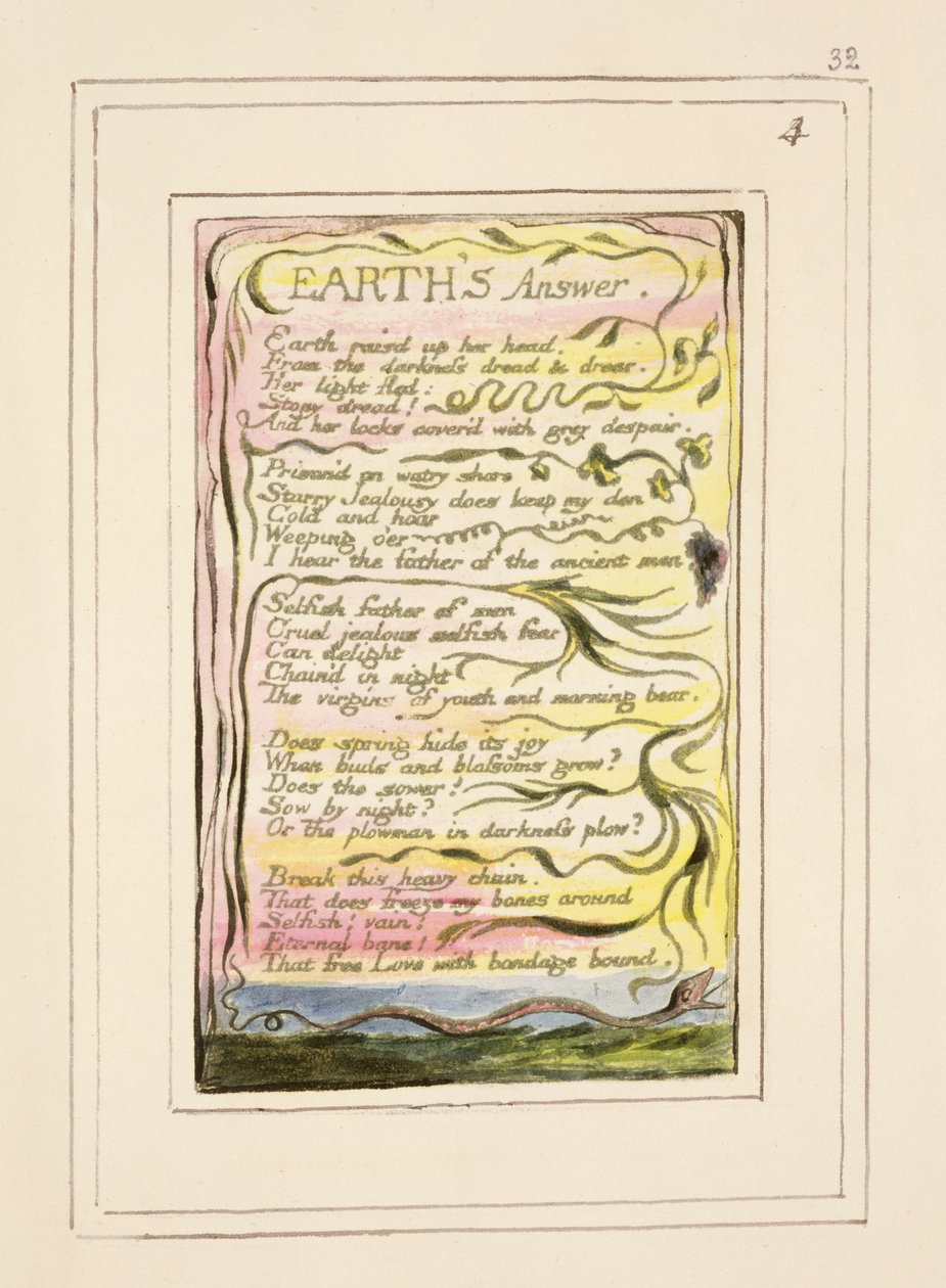 P.124-1950.pt32 Jordens svar: plade 32 fra Songs of Innocence and of Experience (kopi R) c.1802-08 (ætsning, blæk og wc) af William Blake