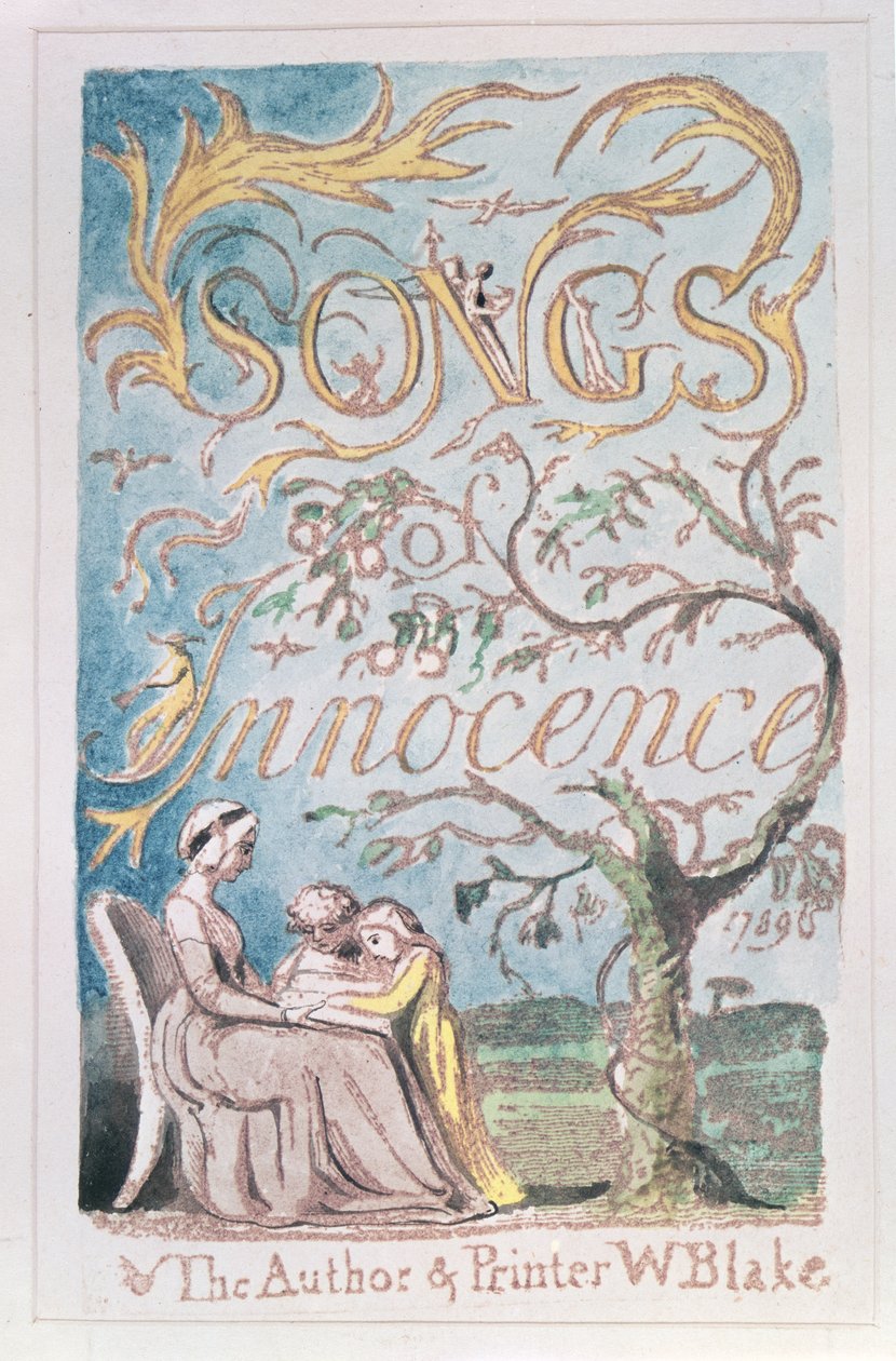 Sange om uskyld; Titelblad, 1789 (reliefætsning tonet med akvarel) af William Blake
