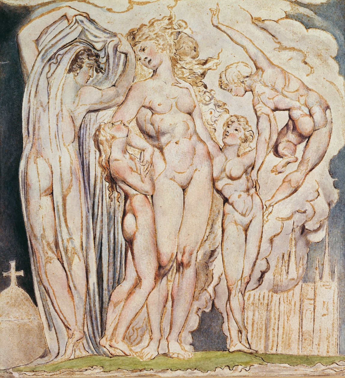 Studie til "Leaning Against the Pillars...", planche 32 fra "Jerusalem", 1804-20 (pen og wc på papir) af William Blake