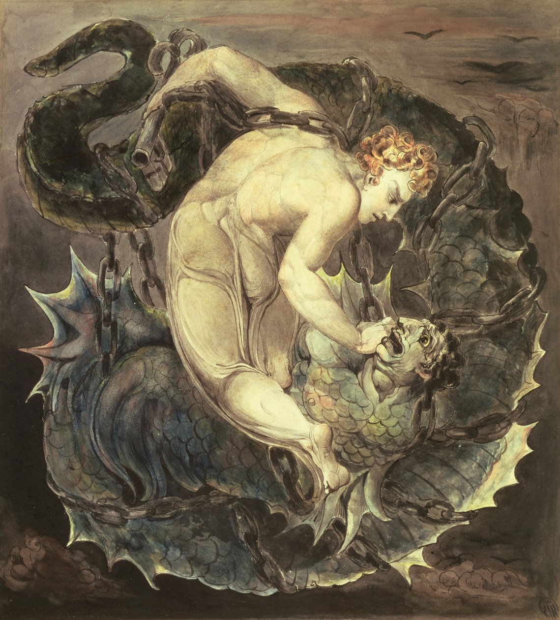 Englen Michael Binding Satan (`Han kastede ham ind i det bundløse hul, og lukkede ham) c.1805 (wc, blæk og grafit på papir) af William Blake