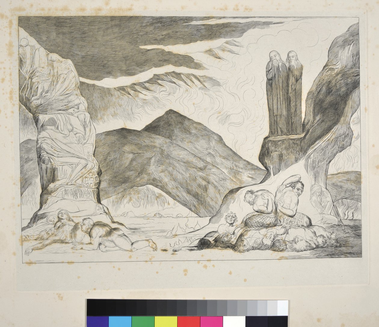 Cirkelen af falskmøntnere: Dante og Vergil holder sig for næsen på grund af stanken, Inferno, Canto XXIX, illustration til "Den guddommelige komedie" af Dante Alighieri, ca. 1827-38 af William Blake