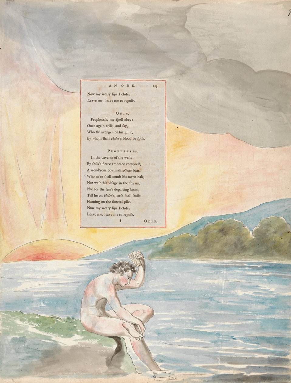 The Descent of Odin, design 83 fra The Poems of Thomas Gray, 1797-98 (wc med pen og blæk på papir) af William Blake