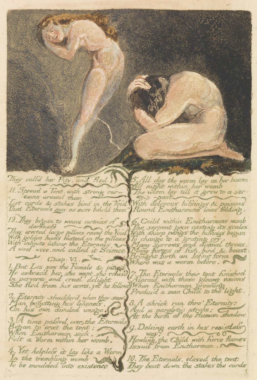 The First Book of Urizen, plade 17, De kaldte hende Pity and Fled.., 1794 (reliefradering med wc) af William Blake