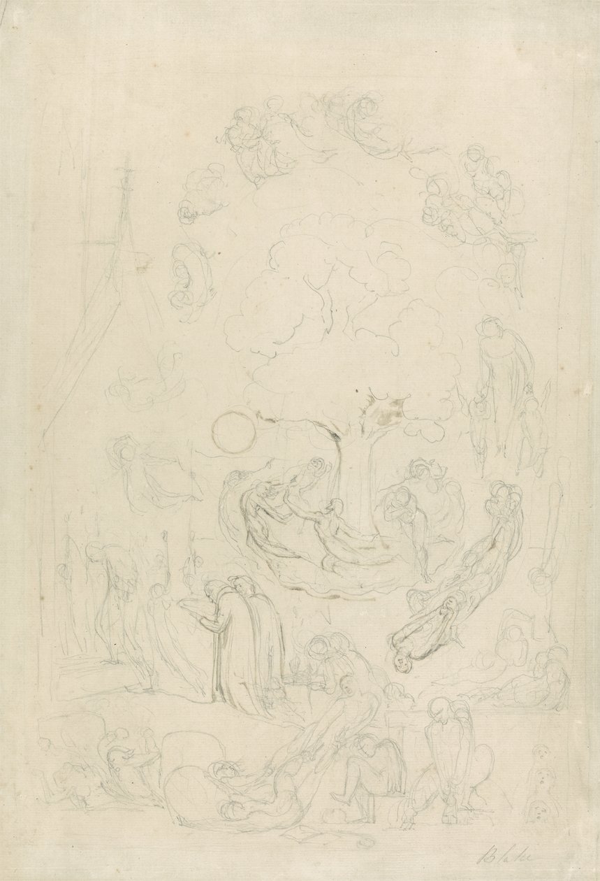Spøgelsernes gamboler ifølge deres affektioner forud for den endelige dom, 1805-08 (grafit og brun vask på papir) af William Blake