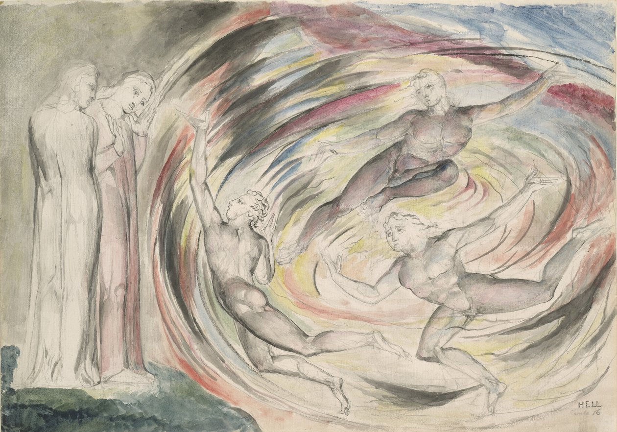 The Punishment of Rusticucci and his Companions, illustration til den guddommelige komedie af Dante Alighieri, 1824-27 (pen & blæk med wc over blyant og kridt på papir) af William Blake
