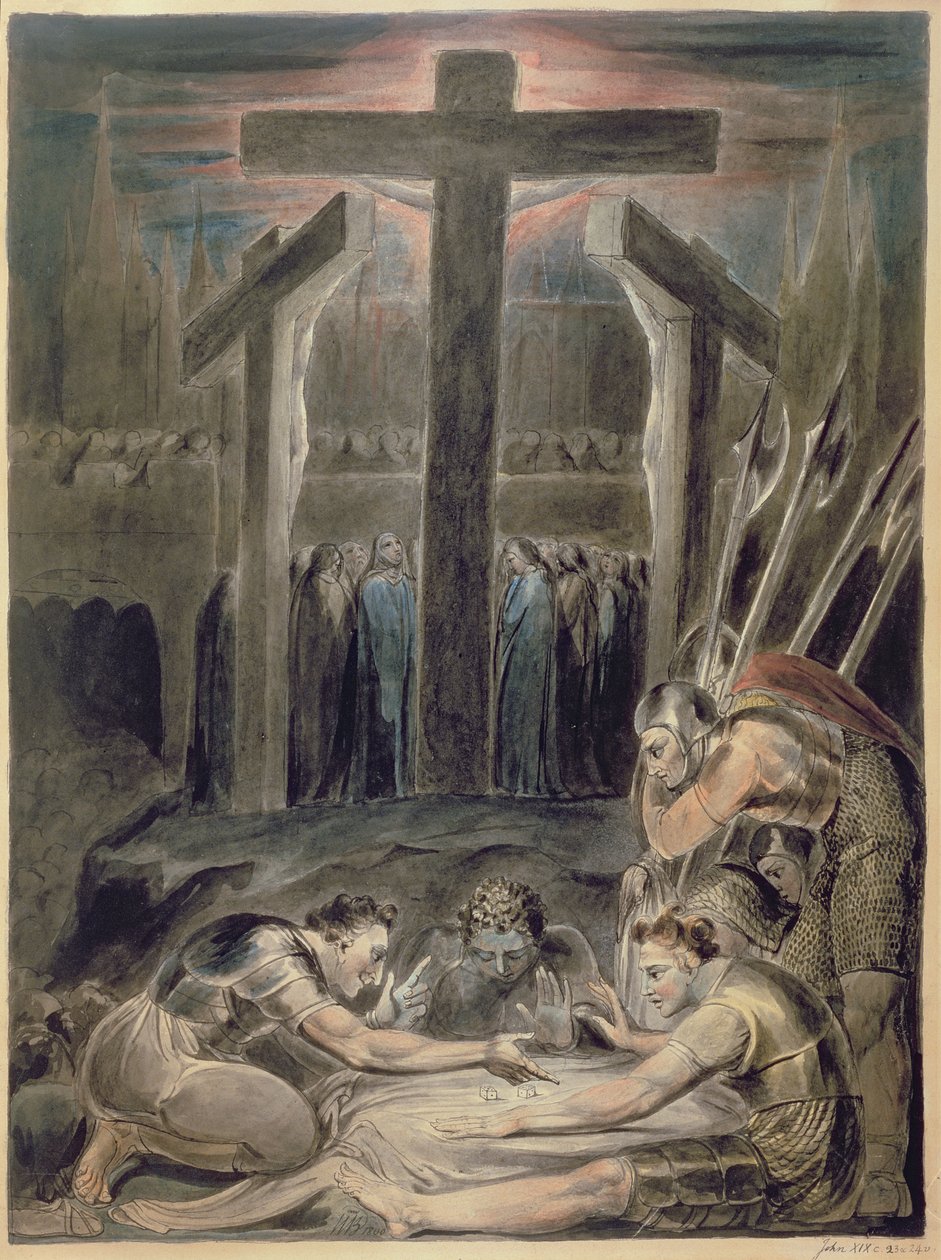 Soldaterne kaster lod om Kristi klæder, 1800 (pen, indisk blæk, grå vask og wc) af William Blake