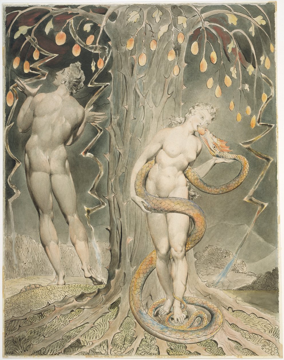 Temptation and Fall of Eve Illustration til Miltons Paradise Lost af William Blake