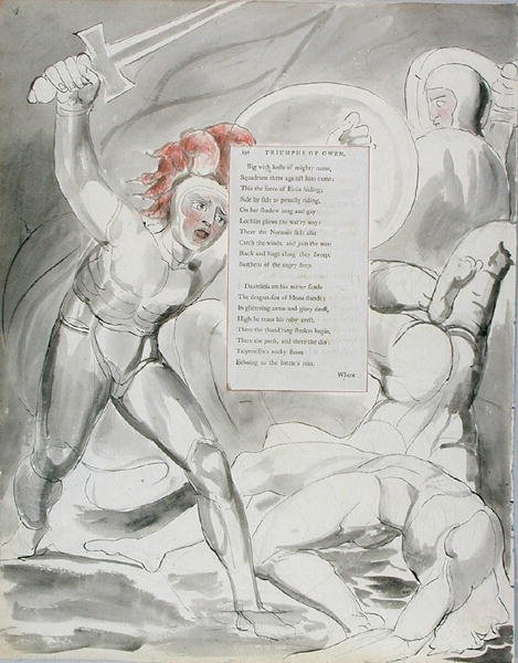 The Triumphs of Owen, design 90 fra The Poems of Thomas Gray, 1797-98 (wc med pen og blæk på papir) af William Blake